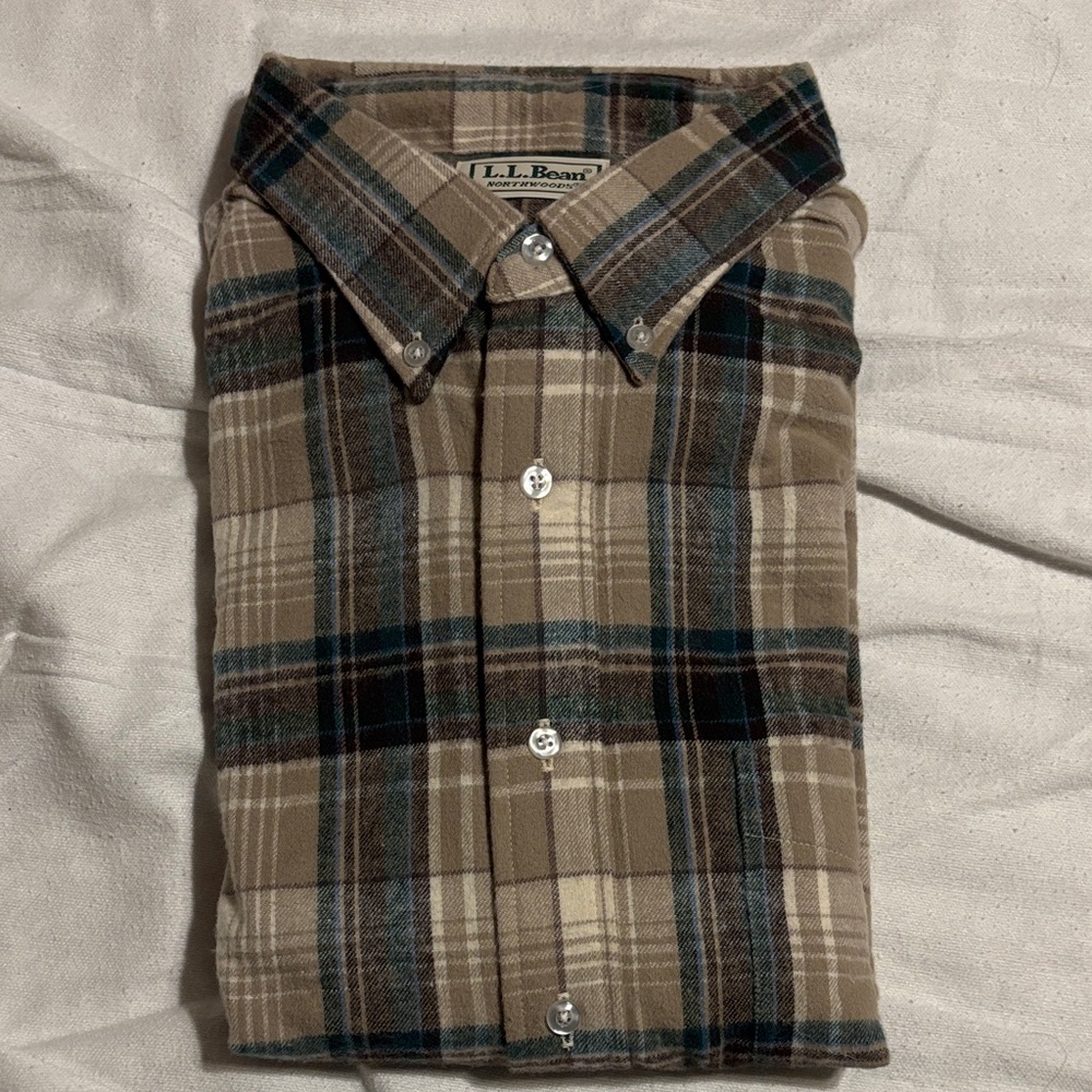 L.L. Bean Men's Casual Plaid Shirt - Tan and Teal Mens XL NWOT